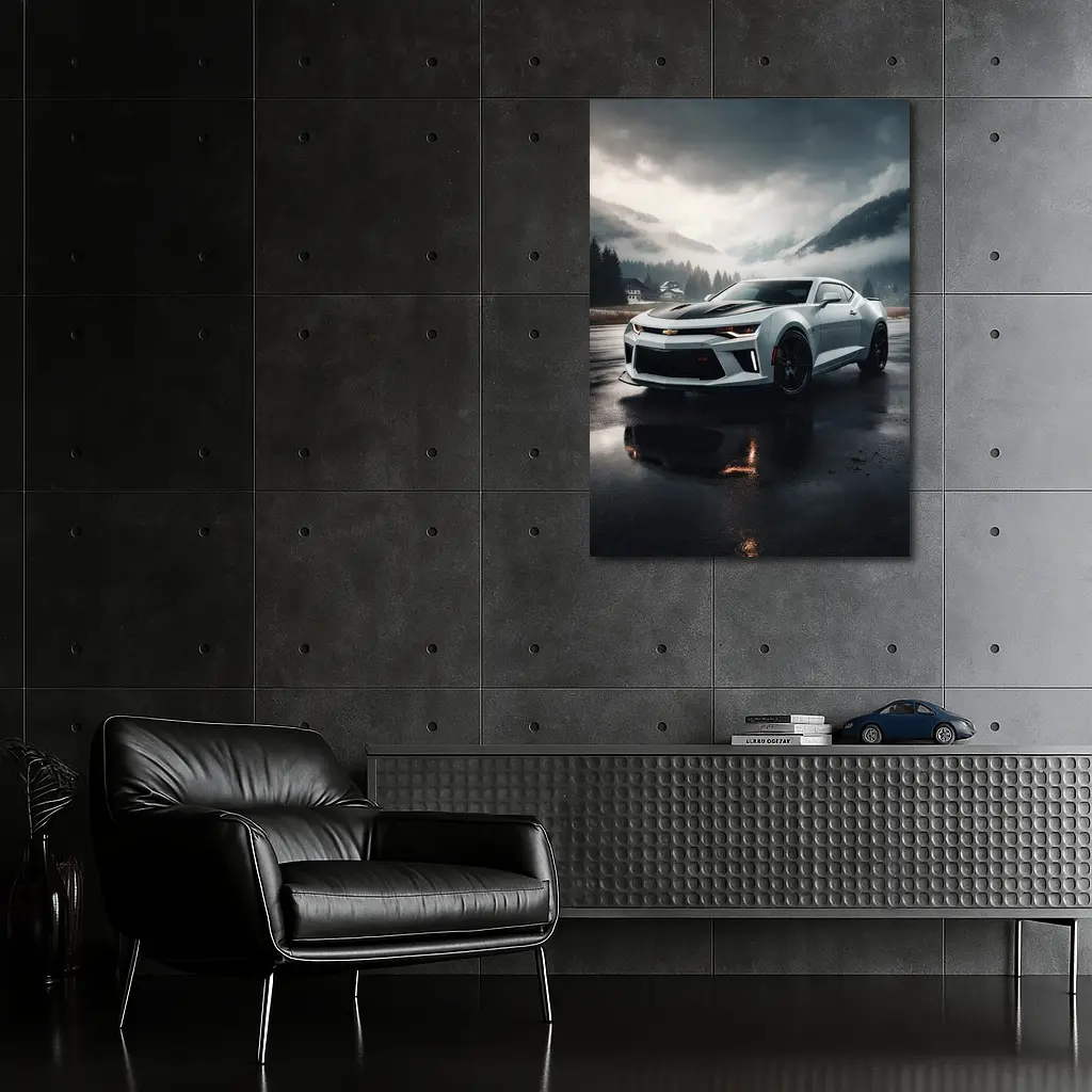 Chevrolet Camaro White Muscle Car Overcast Mountains – Wall Art