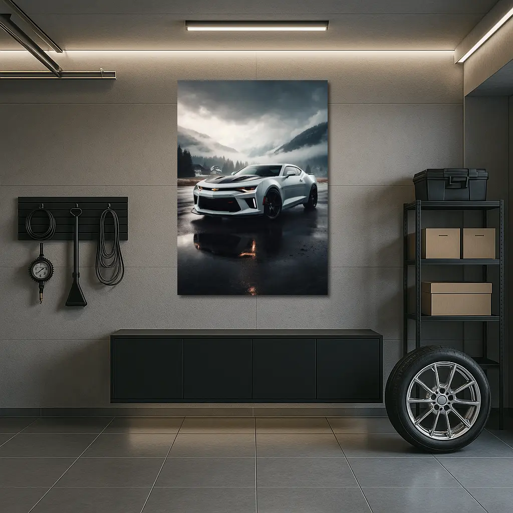 Chevrolet Camaro White Muscle Car Overcast Mountains – Wall Art