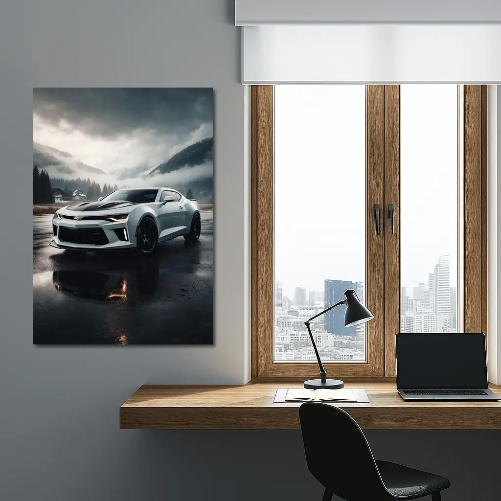 Chevrolet Camaro White Muscle Car Overcast Mountains – Wall Art