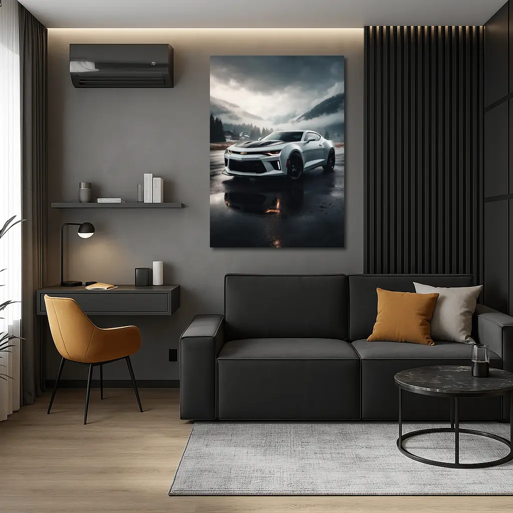 Chevrolet Camaro White Muscle Car Overcast Mountains – Wall Art