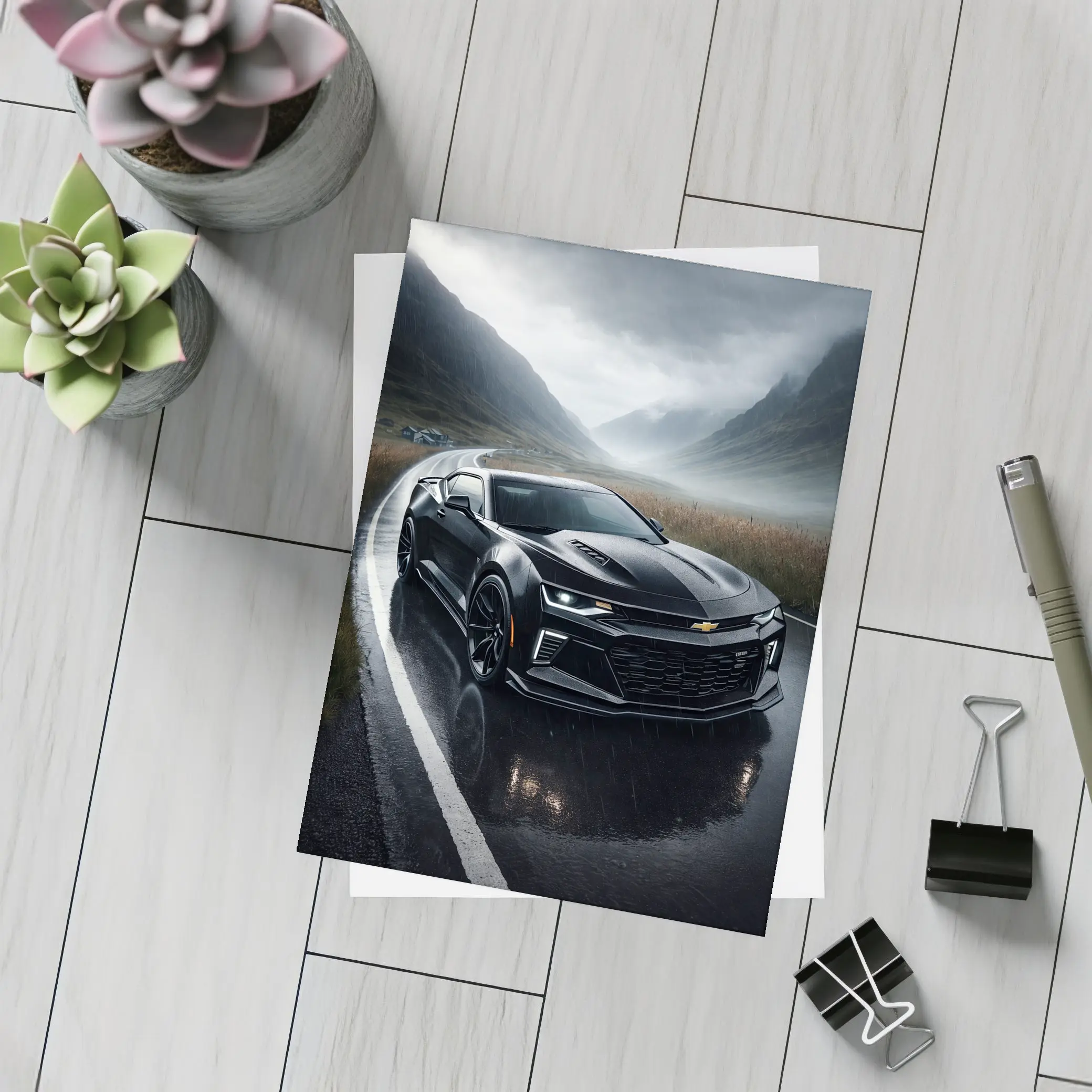 Chevrolet Camaro Black Rainy Mountain Road – Postcards