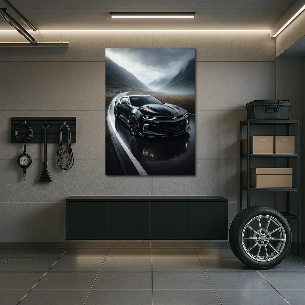 Chevrolet Camaro Black Rainy Mountain Road – Wall Art