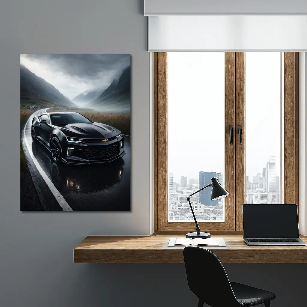Chevrolet Camaro Black Rainy Mountain Road – Wall Art
