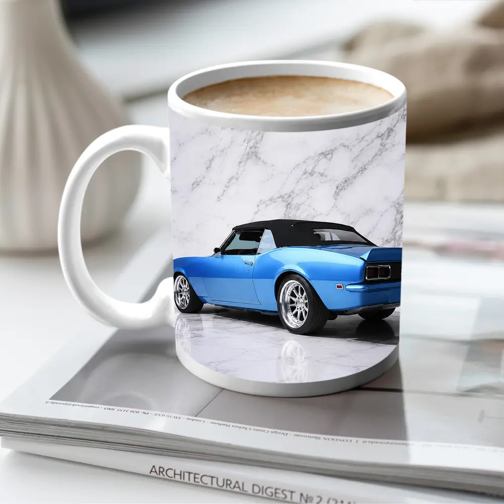 Chevrolet Camaro Blue Convertible Marble Background – Mugs