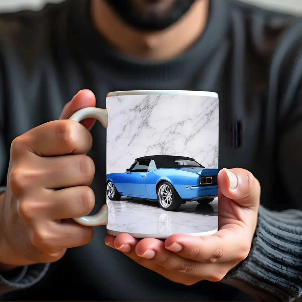 Chevrolet Camaro Blue Convertible Marble Background – Mugs
