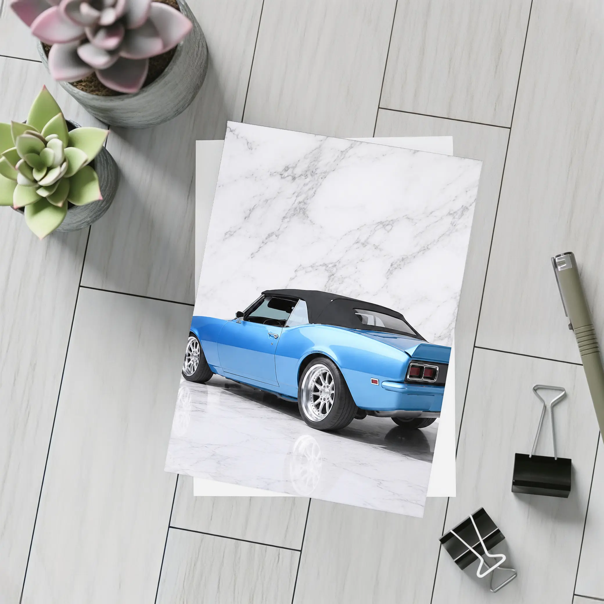 Chevrolet Camaro Blue Convertible Marble Background – Postcards