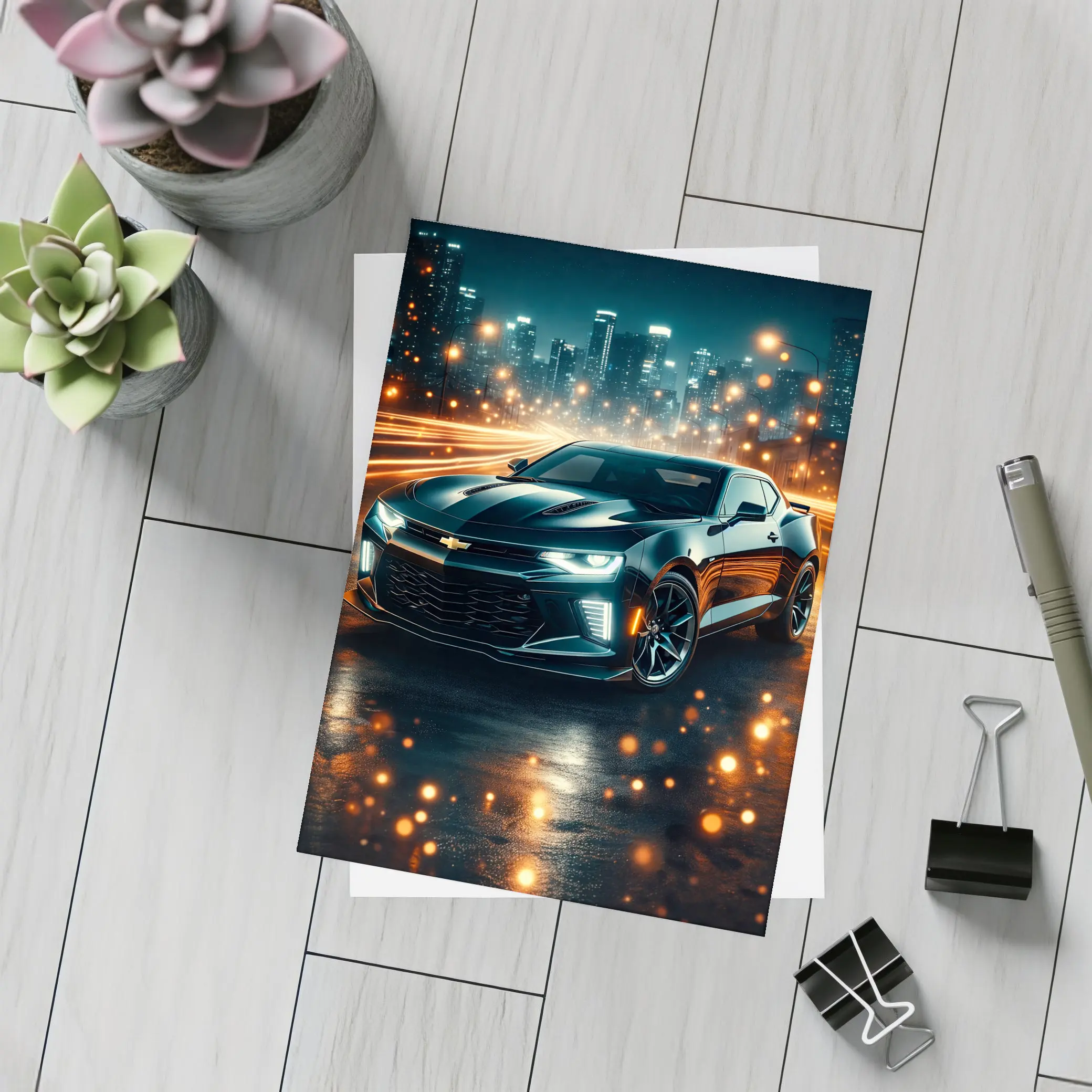 Chevrolet Camaro Black Night City Lights – Postcards