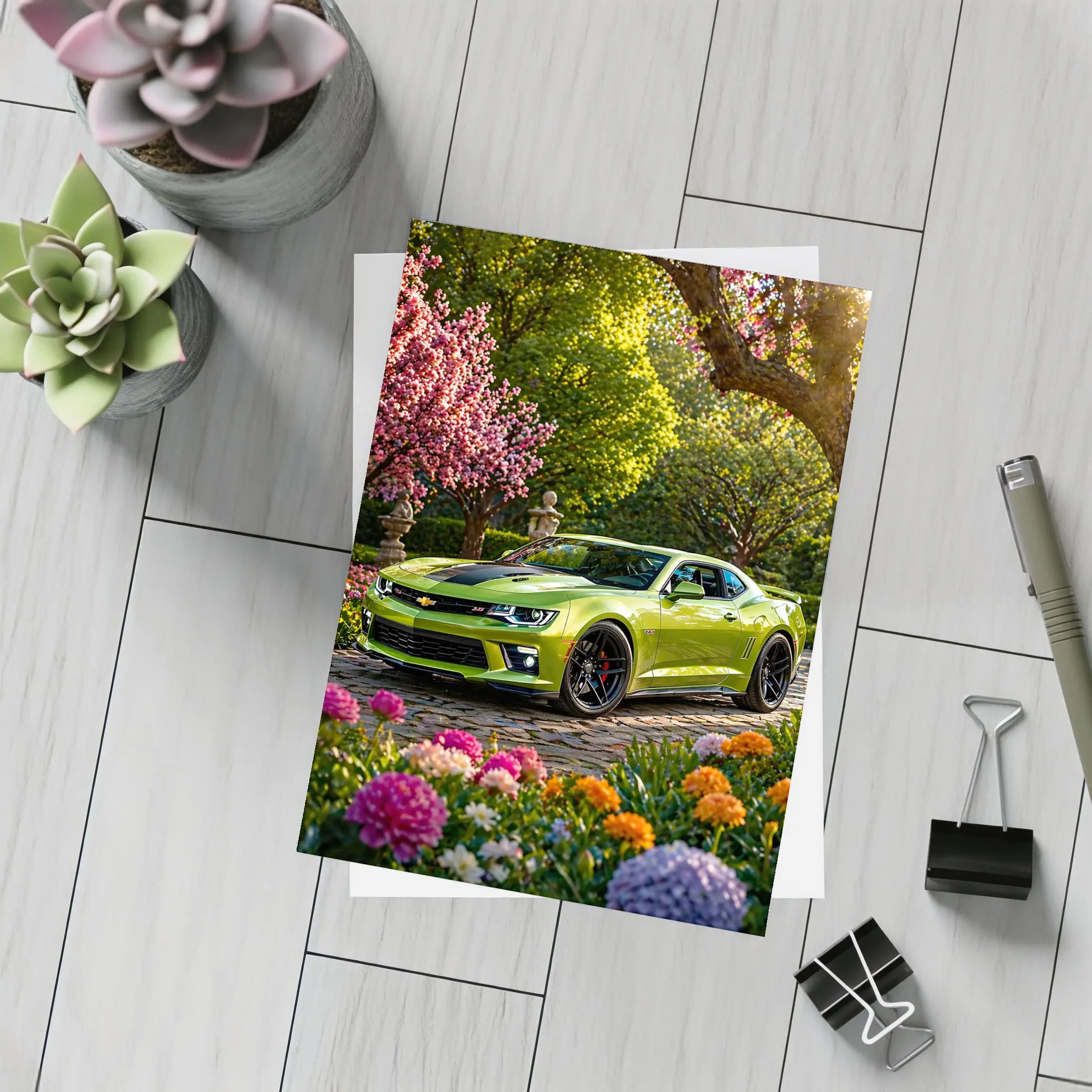 Chevrolet Camaro SS Lime Green Garden Setting – Postcards