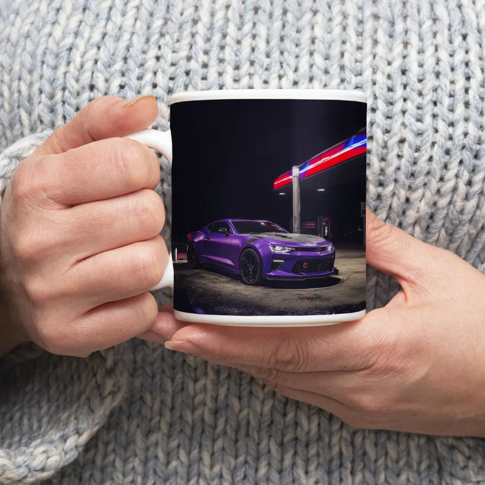 Chevrolet Camaro Purple At Night Gas Station – Mugs
