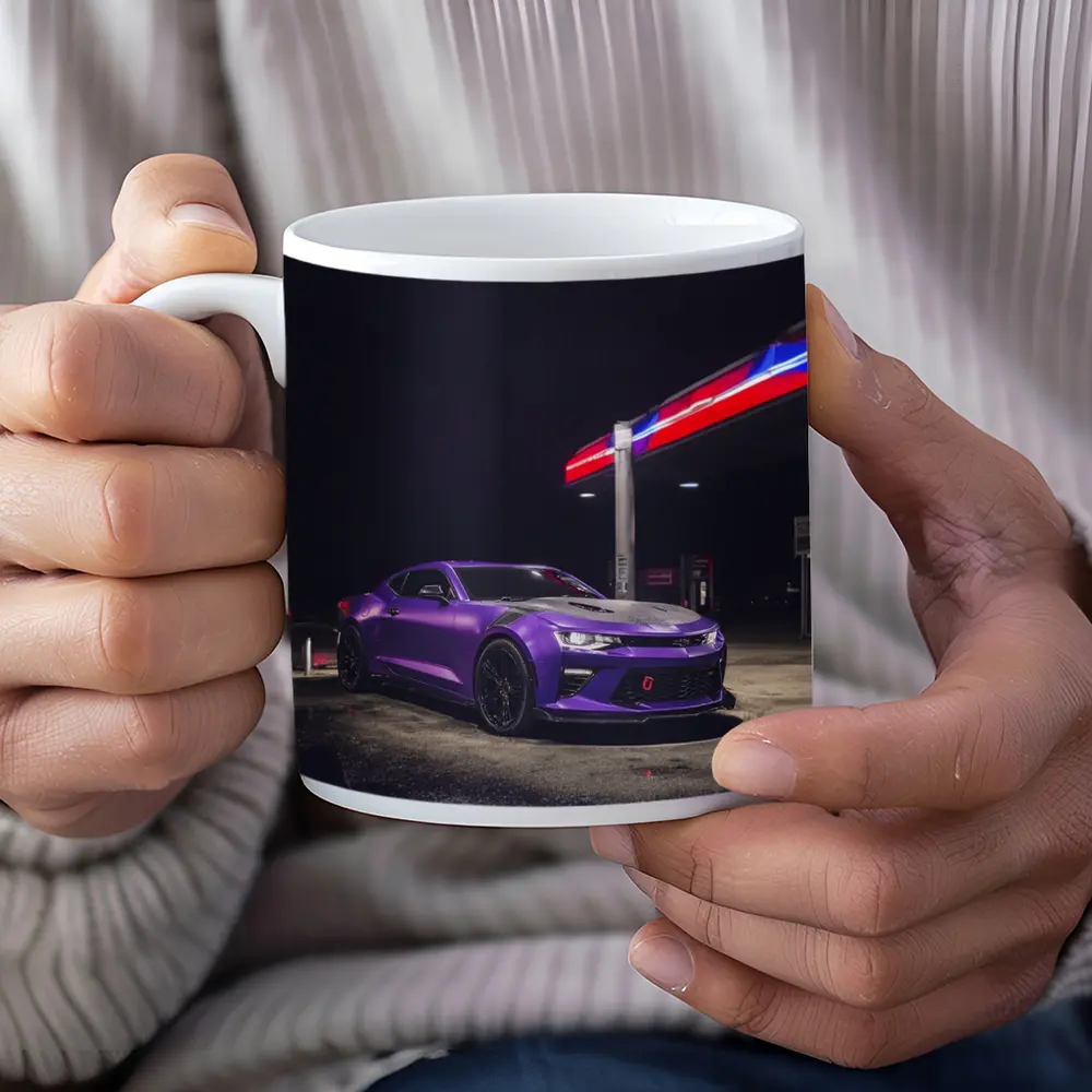Chevrolet Camaro Purple At Night Gas Station – Mugs