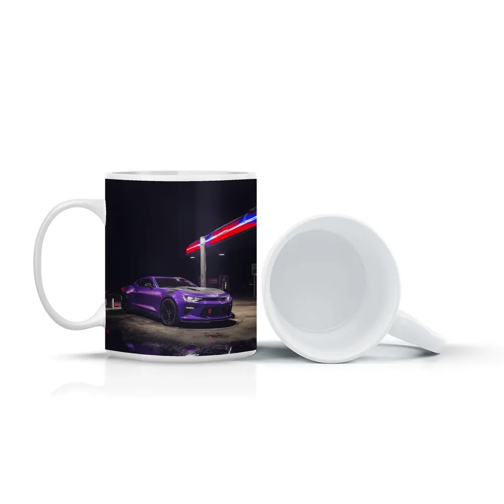 Chevrolet Camaro Purple At Night Gas Station – Mugs