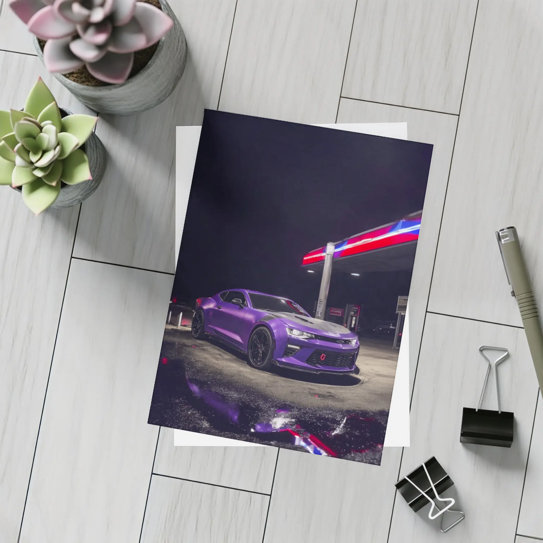 Chevrolet Camaro Purple At Night Gas Station – Postcards