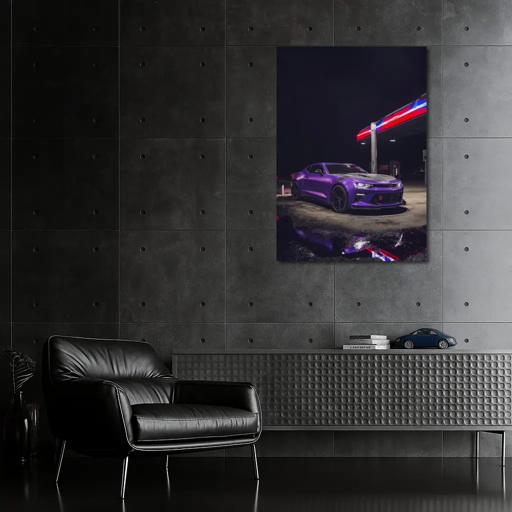 Chevrolet Camaro Purple At Night Gas Station – Wall Art