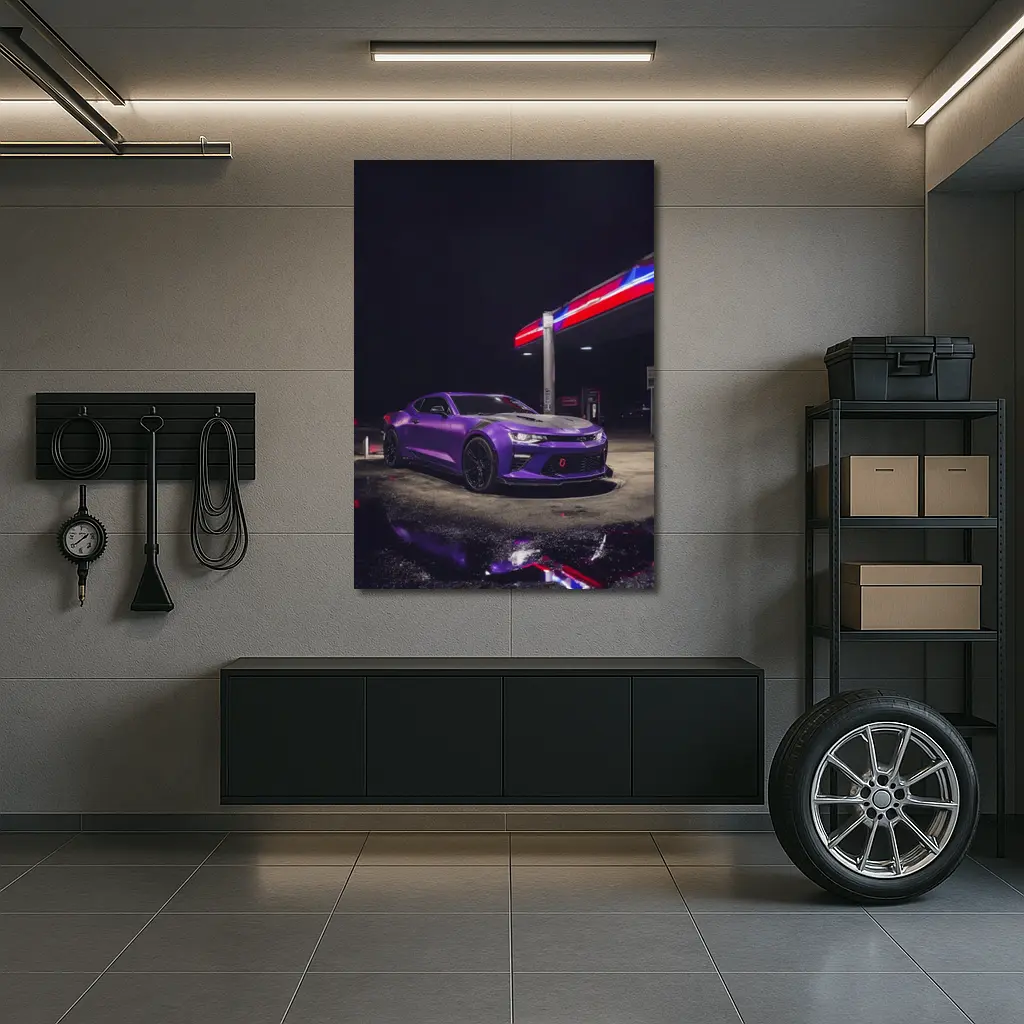 Chevrolet Camaro Purple At Night Gas Station – Wall Art