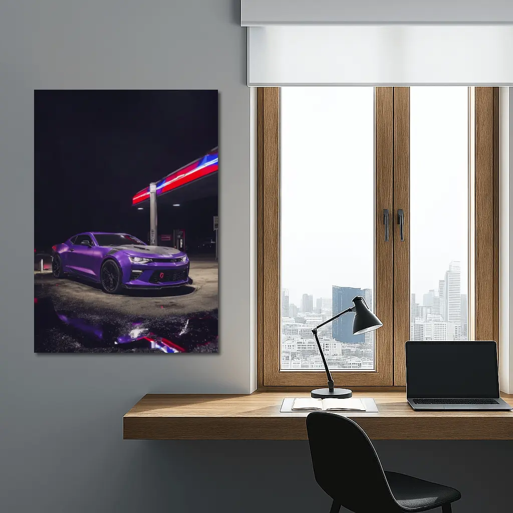 Chevrolet Camaro Purple At Night Gas Station – Wall Art