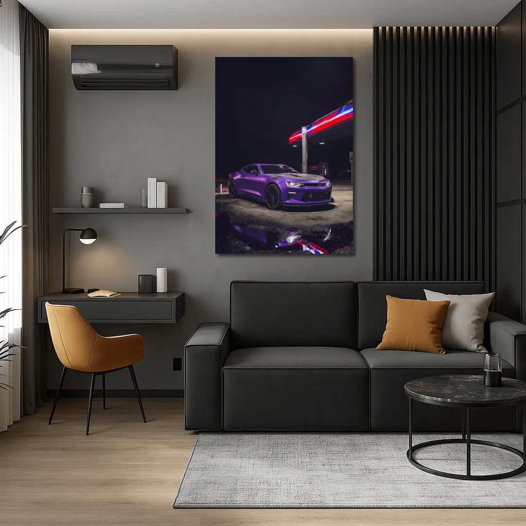 Chevrolet Camaro Purple At Night Gas Station – Wall Art