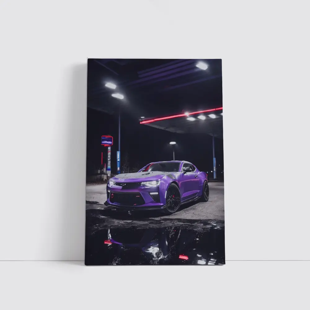 Purple Chevrolet Camaro Gas Station Night – Wall Art