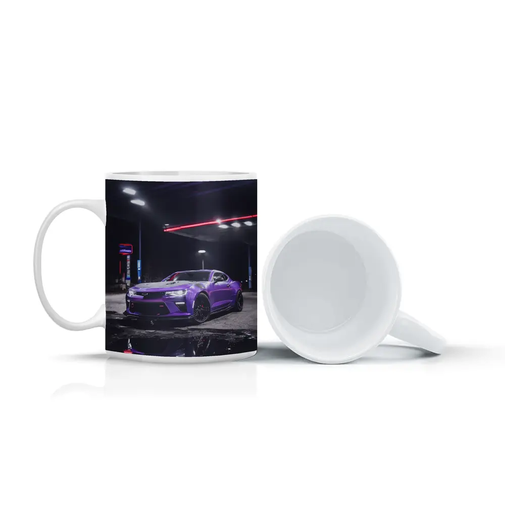 Purple Chevrolet Camaro Gas Station Night – Mugs