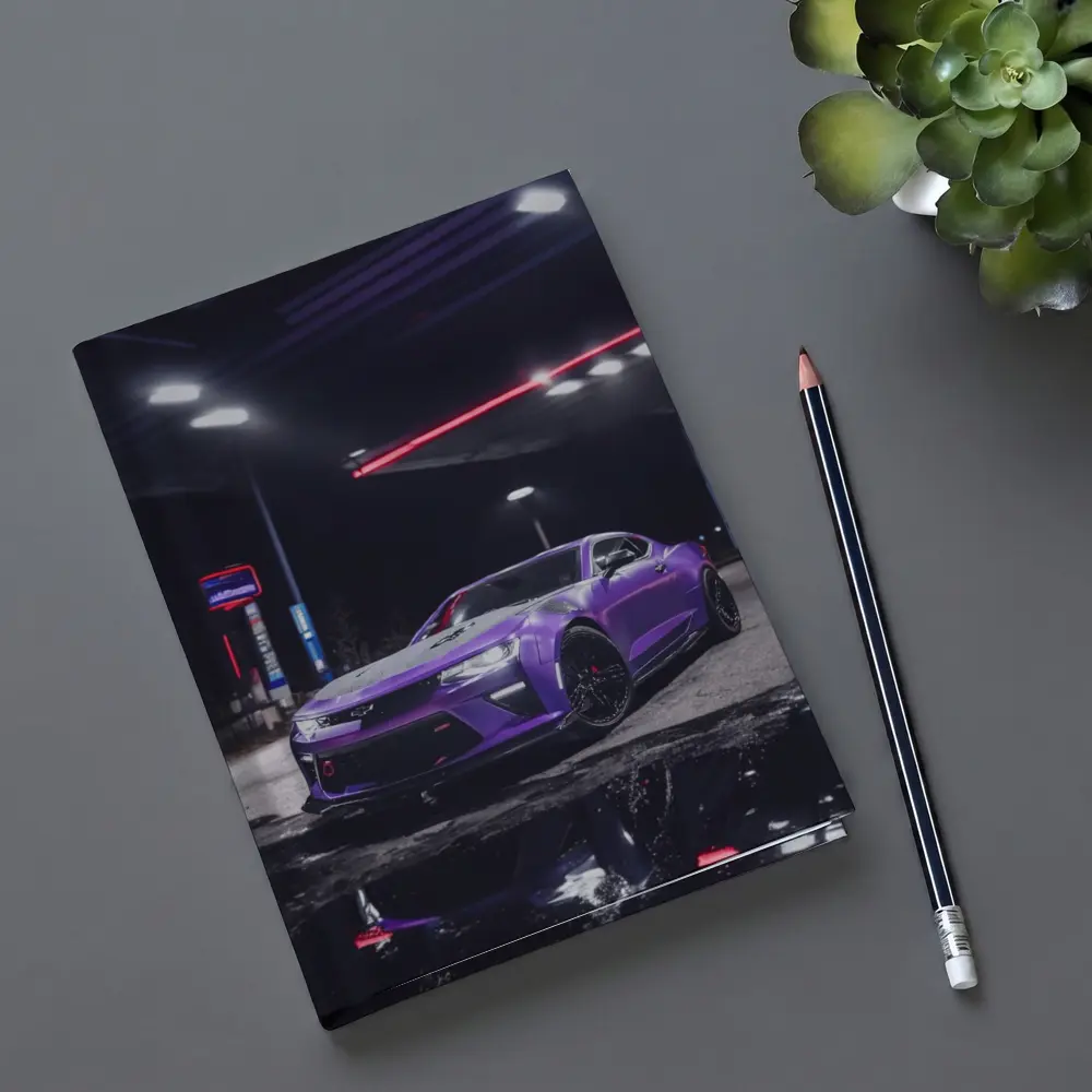 Purple Chevrolet Camaro Gas Station Night – Notebooks
