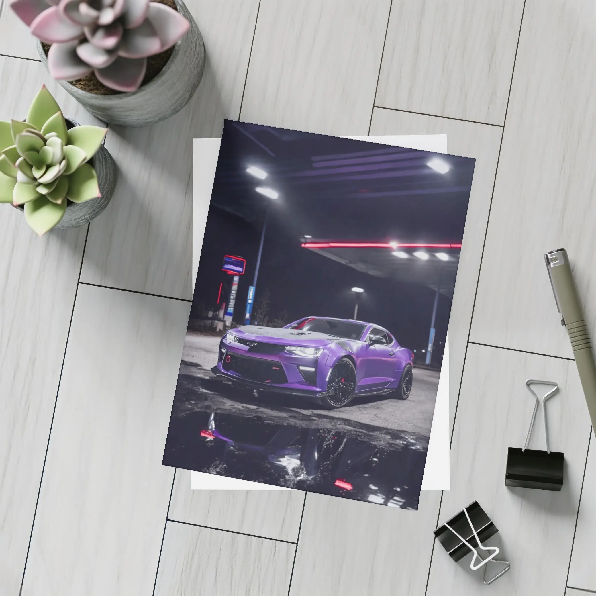 Purple Chevrolet Camaro Gas Station Night – Postcards