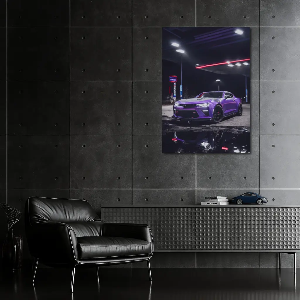 Purple Chevrolet Camaro Gas Station Night – Wall Art