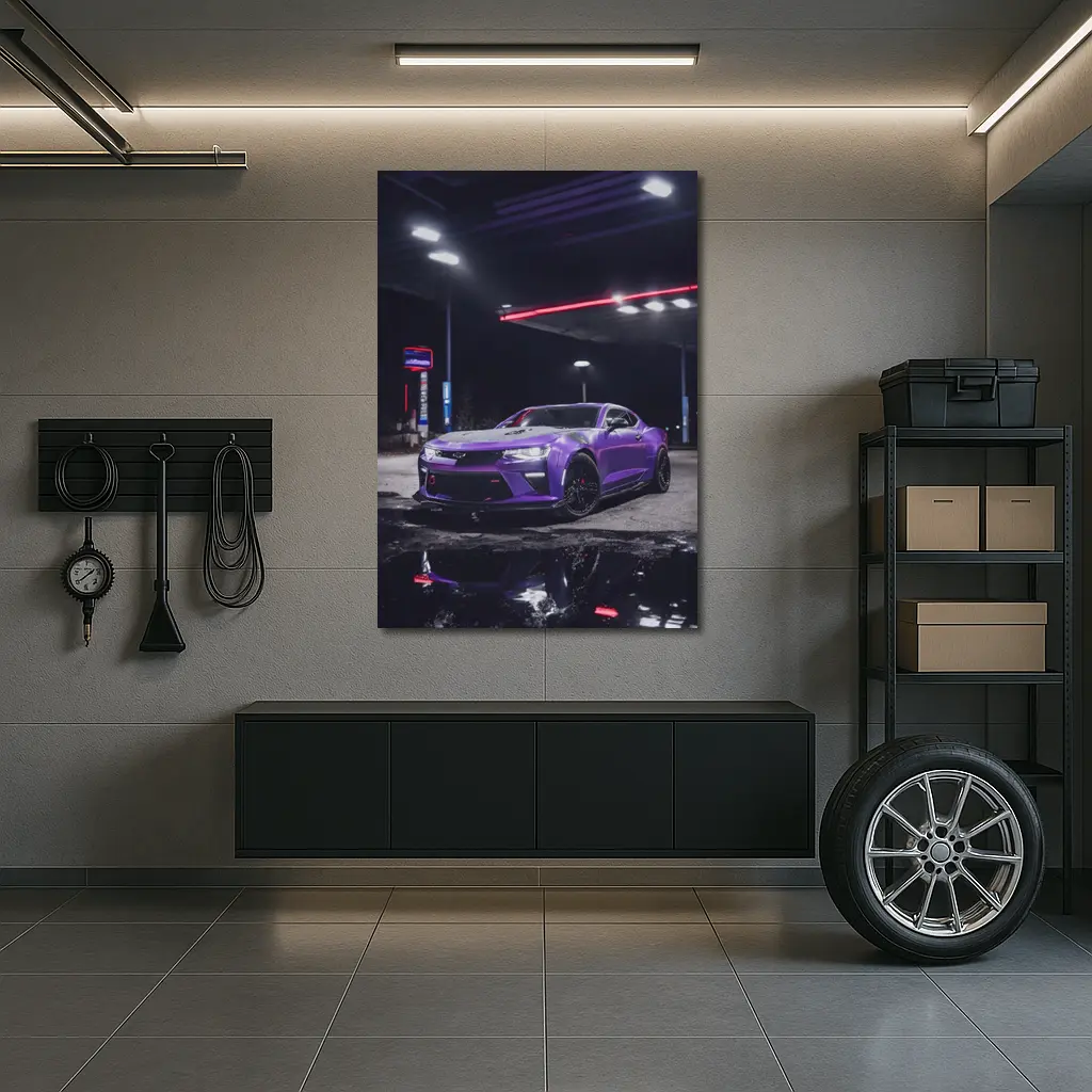 Purple Chevrolet Camaro Gas Station Night – Wall Art