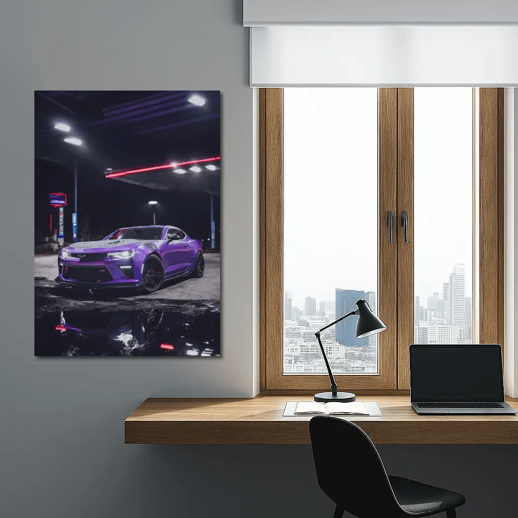 Purple Chevrolet Camaro Gas Station Night – Wall Art