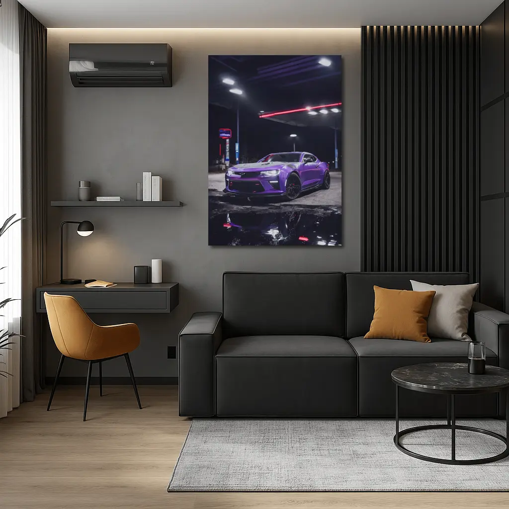 Purple Chevrolet Camaro Gas Station Night – Wall Art