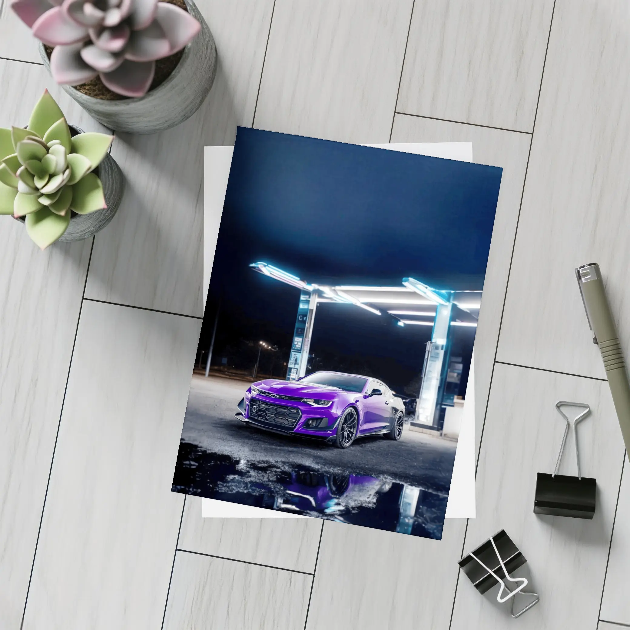 Chevrolet Camaro Purple Night Gas Station – Postcards