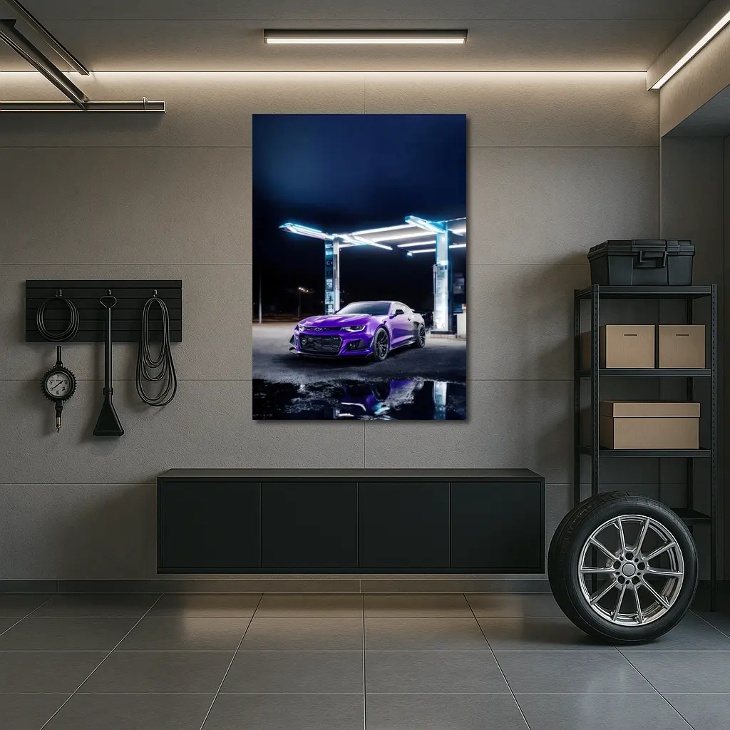 Chevrolet Camaro Purple Night Gas Station – Wall Art