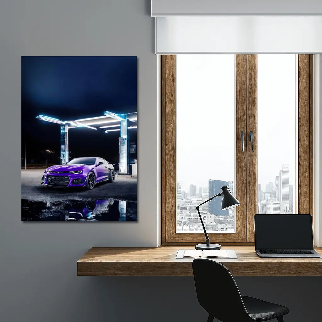 Chevrolet Camaro Purple Night Gas Station – Wall Art
