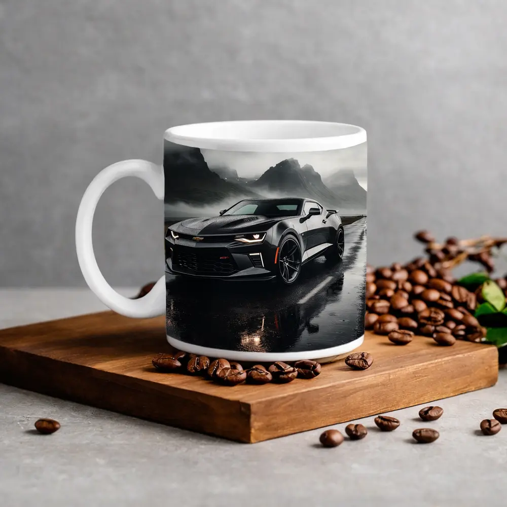 Chevrolet Camaro Wet Road Dramatic Overcast Sky – Mugs