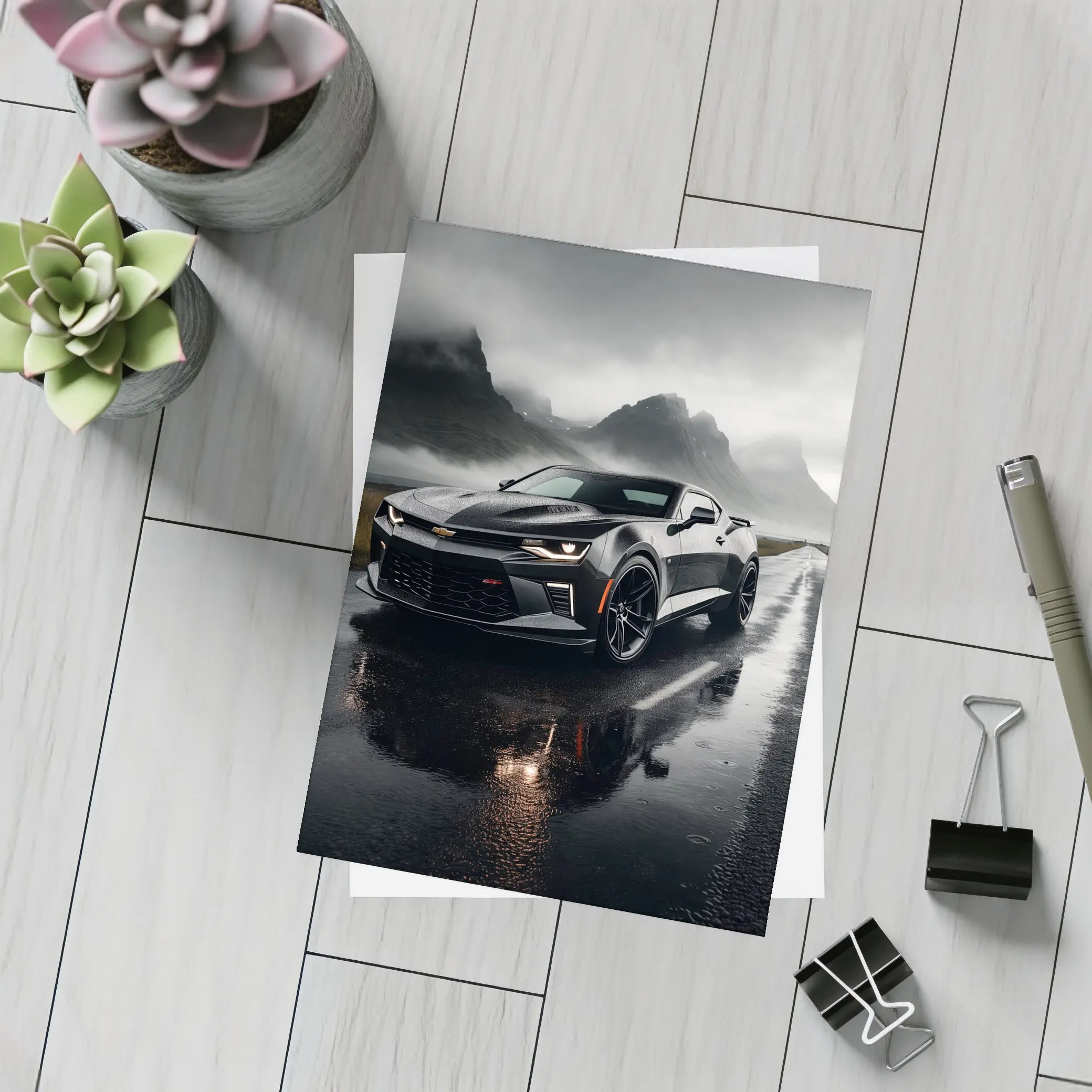 Chevrolet Camaro Wet Road Dramatic Overcast Sky – Postcards