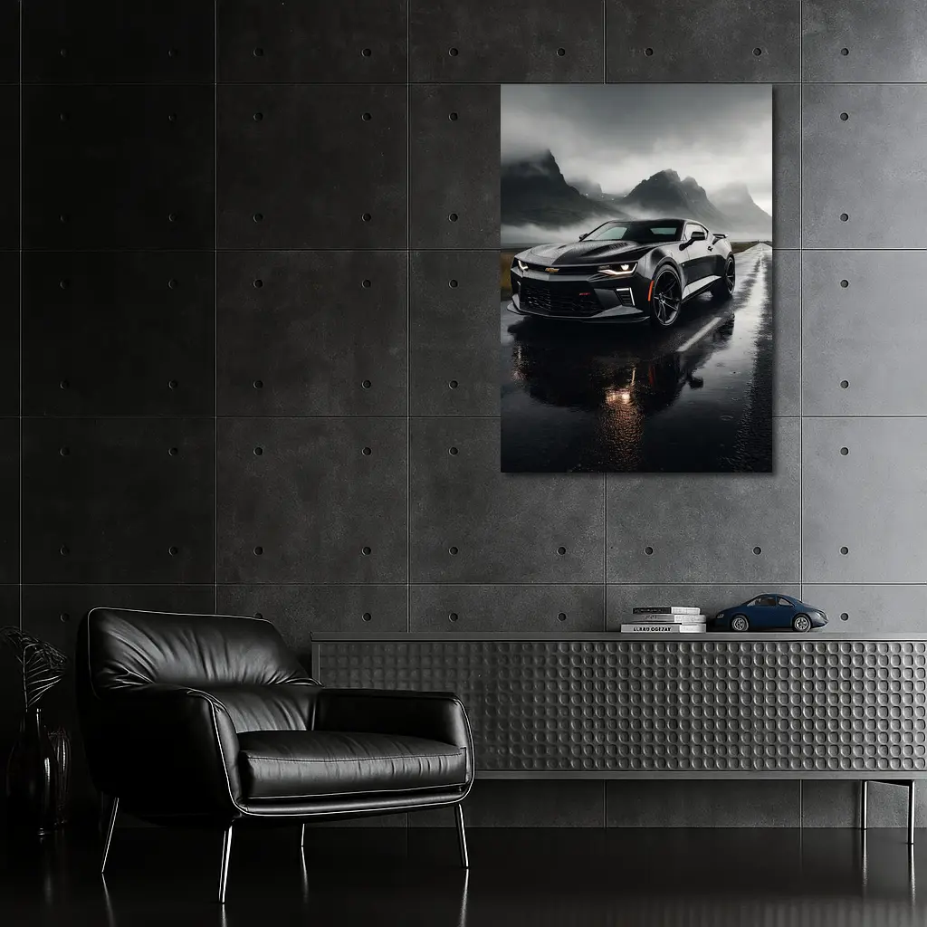 Chevrolet Camaro Wet Road Dramatic Overcast Sky – Wall Art