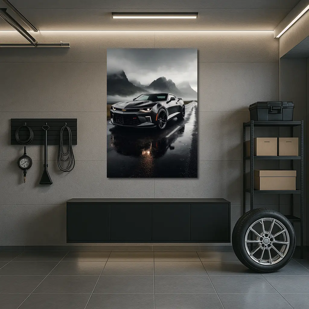 Chevrolet Camaro Wet Road Dramatic Overcast Sky – Wall Art