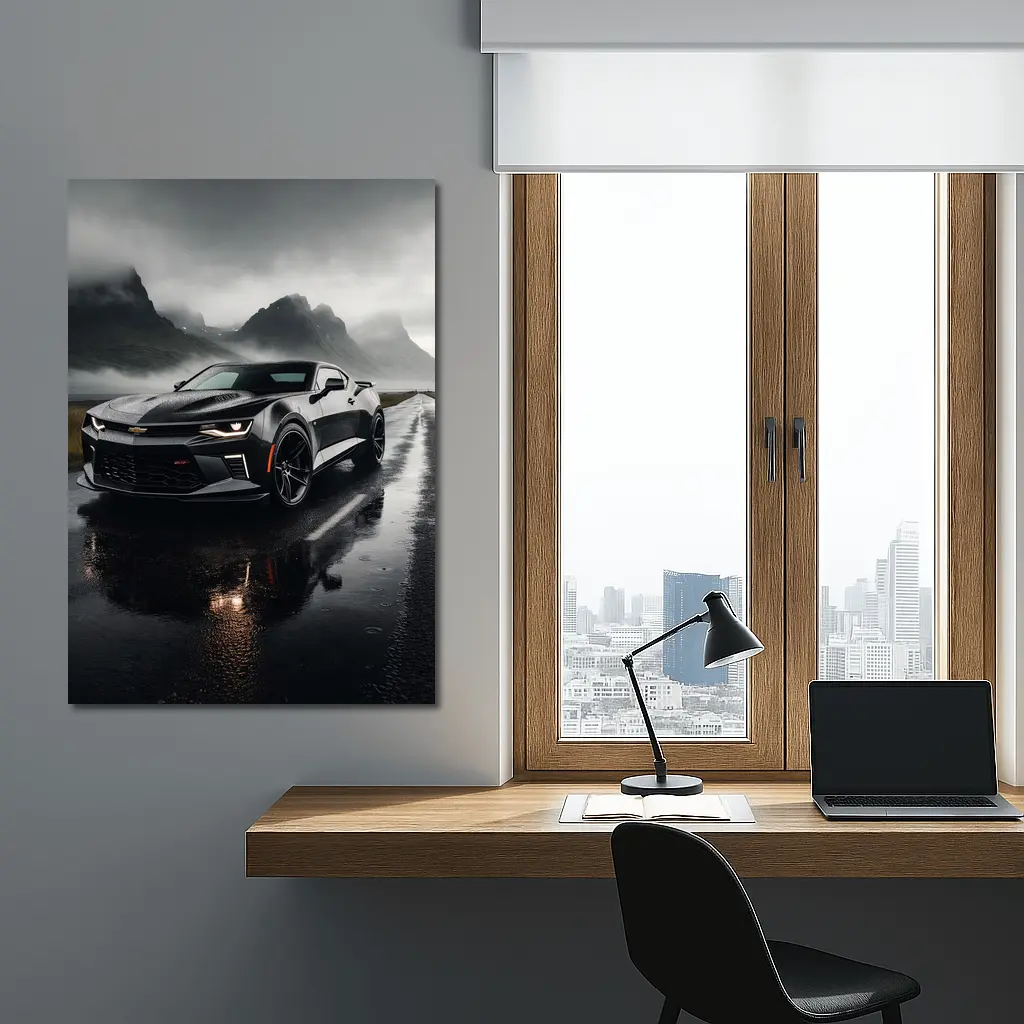 Chevrolet Camaro Wet Road Dramatic Overcast Sky – Wall Art