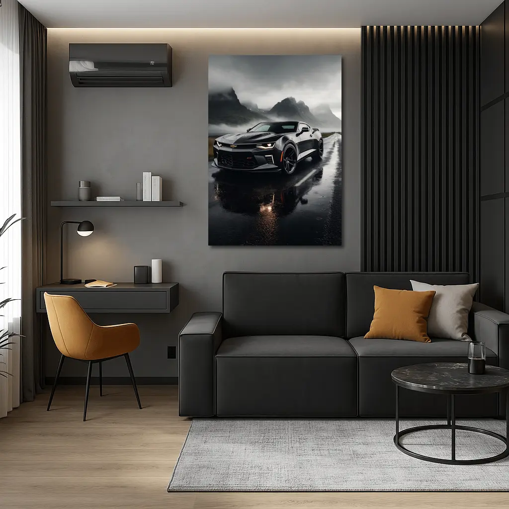 Chevrolet Camaro Wet Road Dramatic Overcast Sky – Wall Art