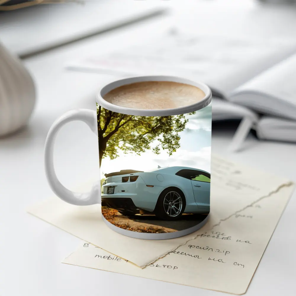 White Chevrolet Camaro Autumn Tree Background – Mugs
