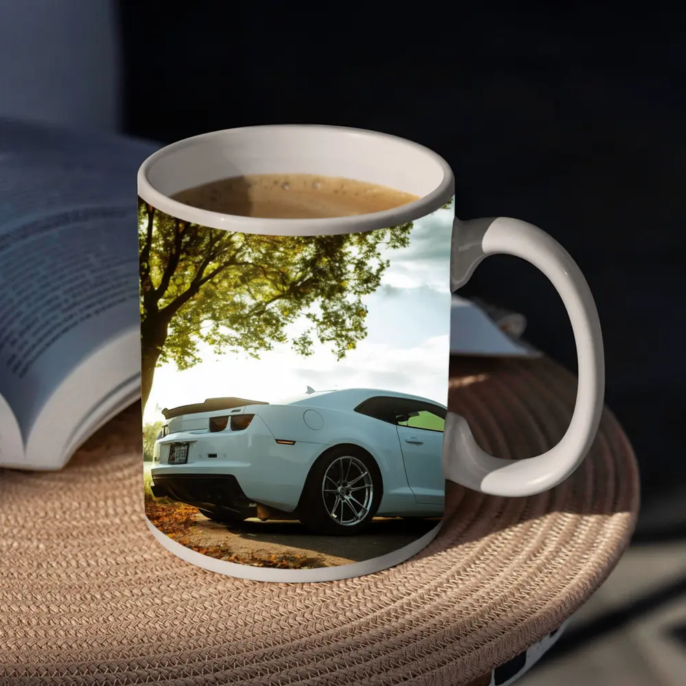 White Chevrolet Camaro Autumn Tree Background – Mugs