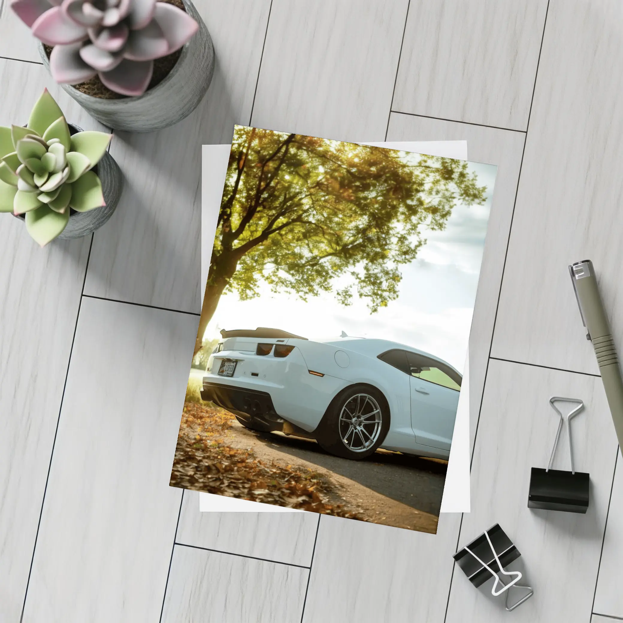 White Chevrolet Camaro Autumn Tree Background – Postcards