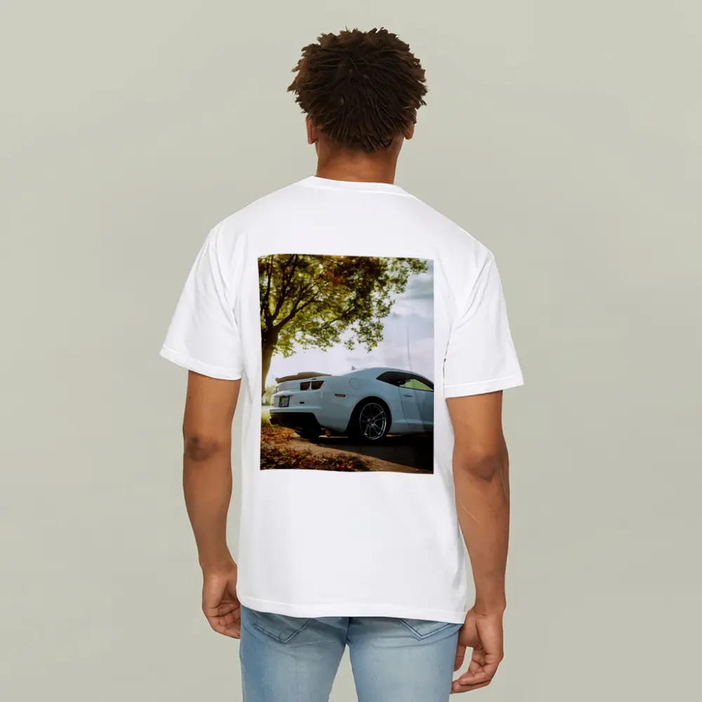 White Chevrolet Camaro Autumn Tree Background – T-Shirts