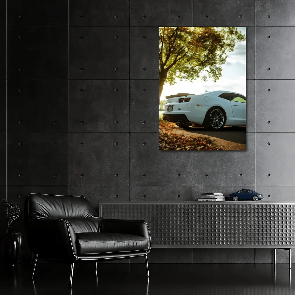 White Chevrolet Camaro Autumn Tree Background – Wall Art