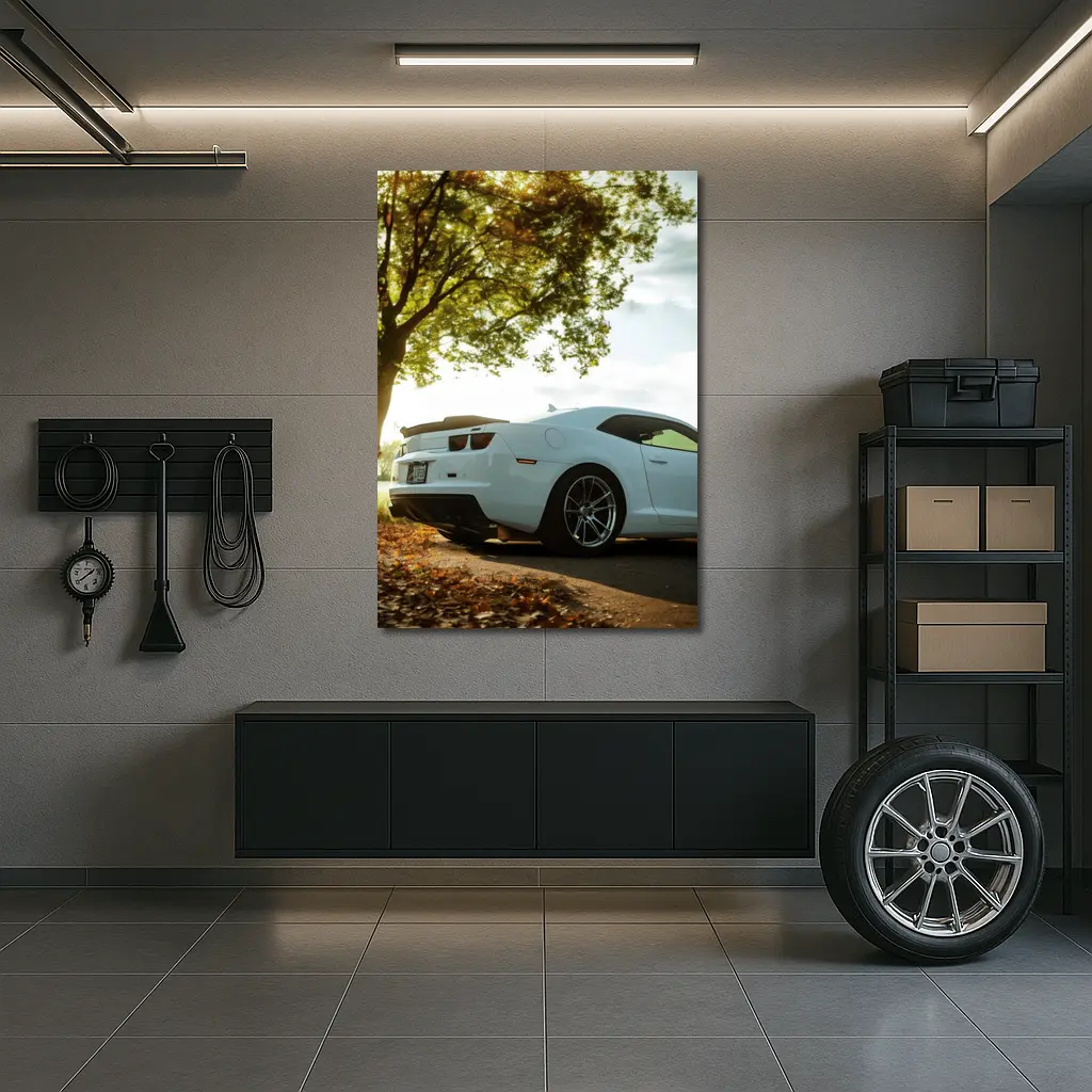 White Chevrolet Camaro Autumn Tree Background – Wall Art