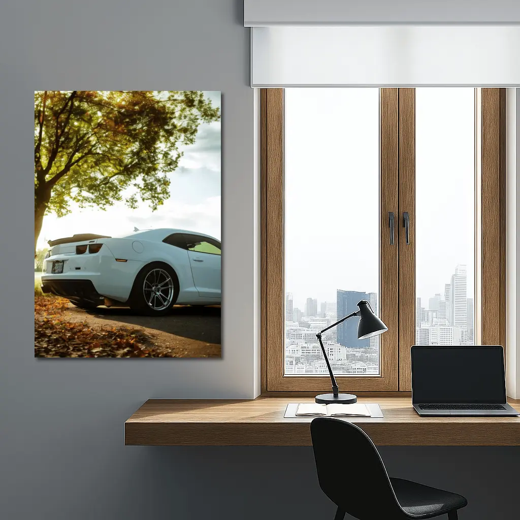 White Chevrolet Camaro Autumn Tree Background – Wall Art