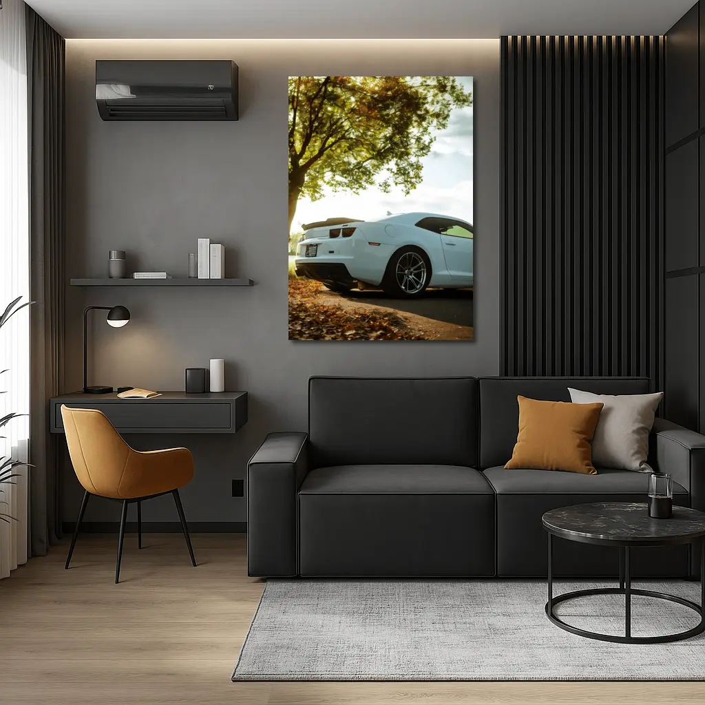 White Chevrolet Camaro Autumn Tree Background – Wall Art