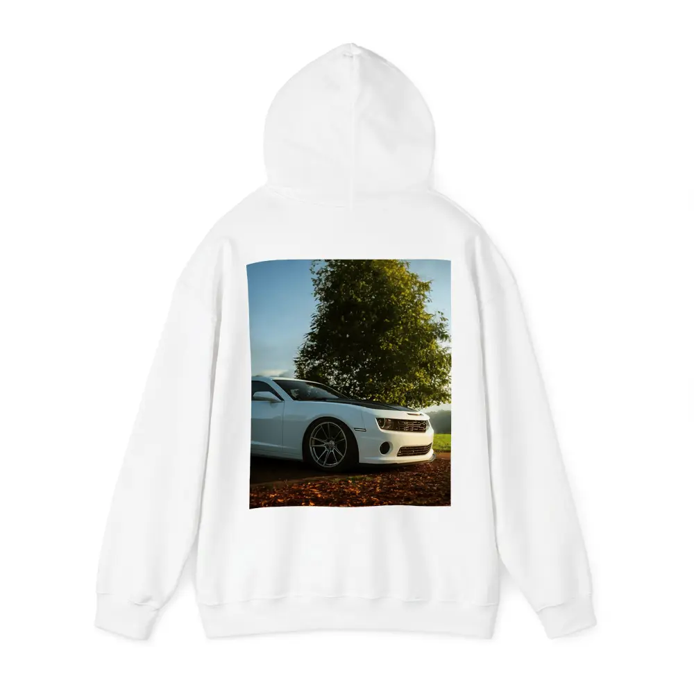 White Chevrolet Camaro Parked Near Green Tree – Hoodies