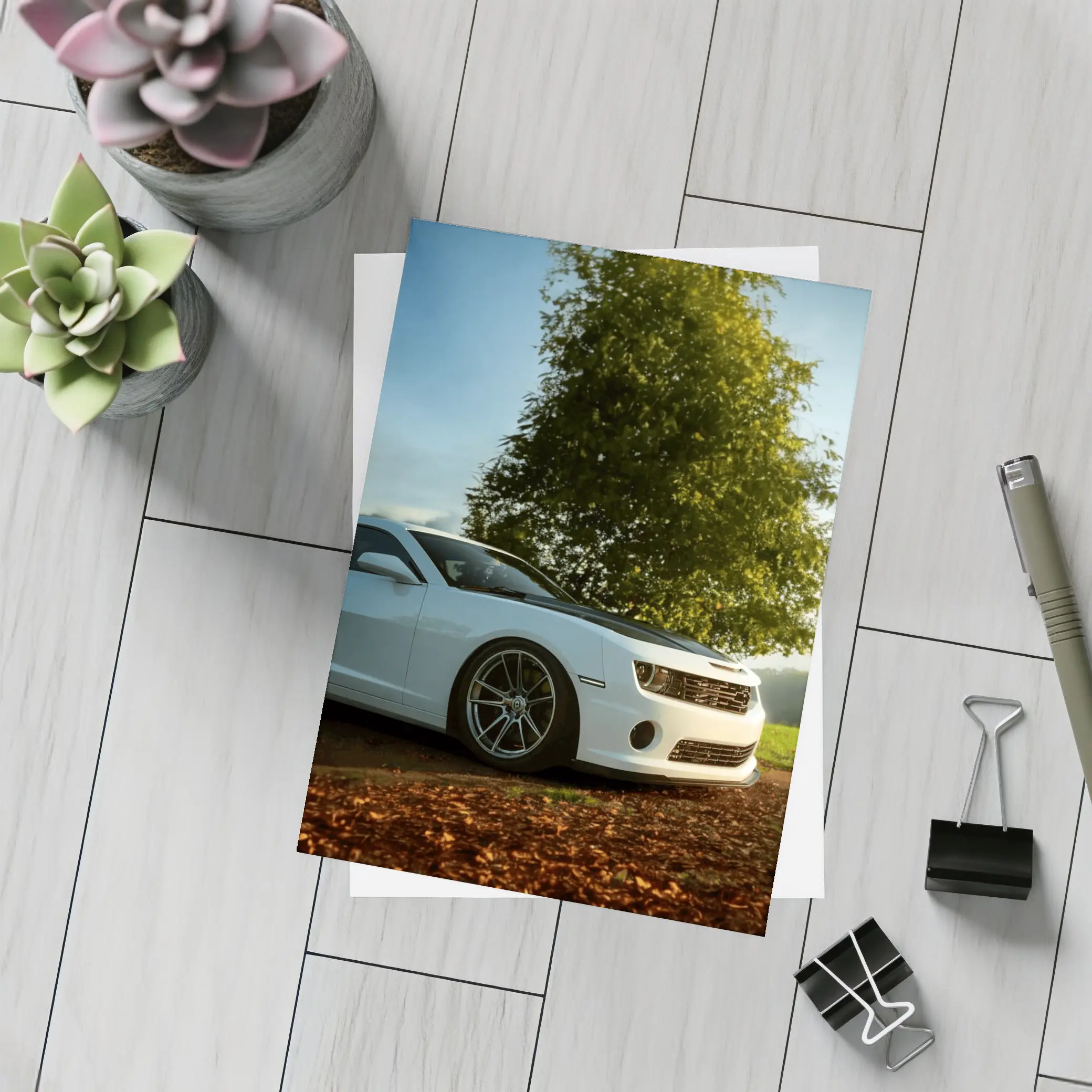 White Chevrolet Camaro Parked Near Green Tree – Postcards
