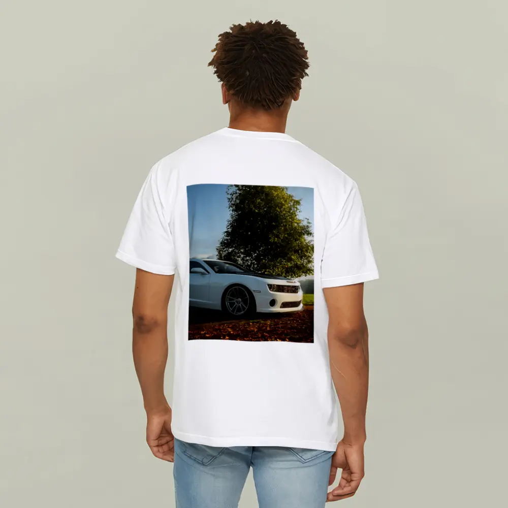 White Chevrolet Camaro Parked Near Green Tree – T-Shirts
