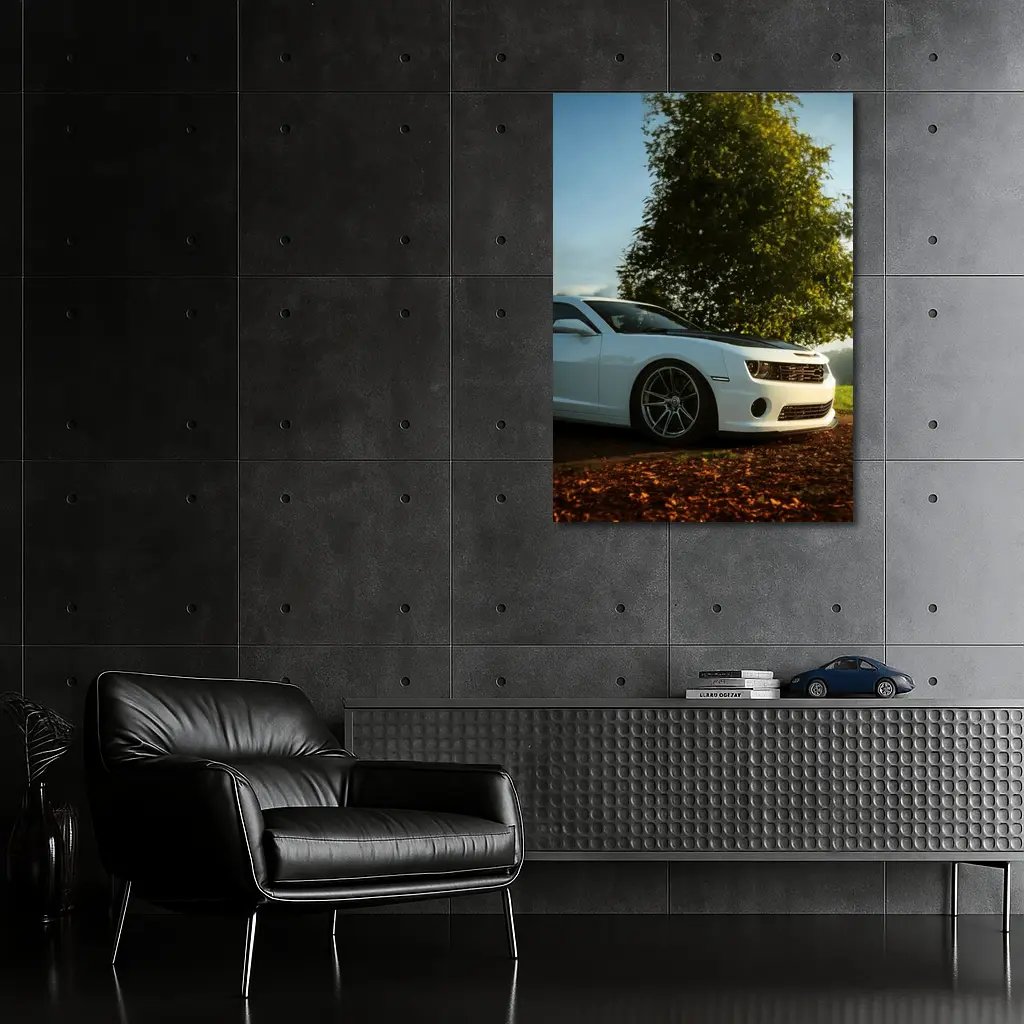 White Chevrolet Camaro Parked Near Green Tree – Wall Art