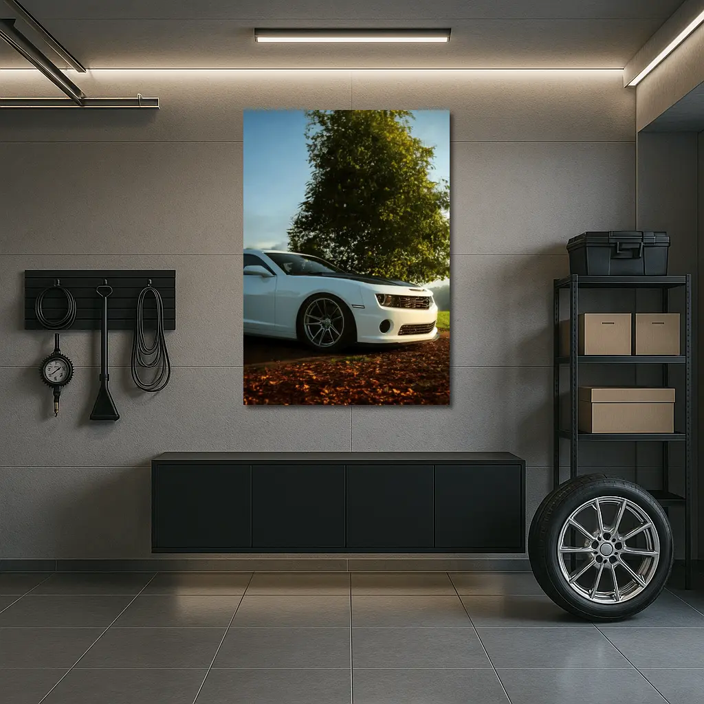 White Chevrolet Camaro Parked Near Green Tree – Wall Art